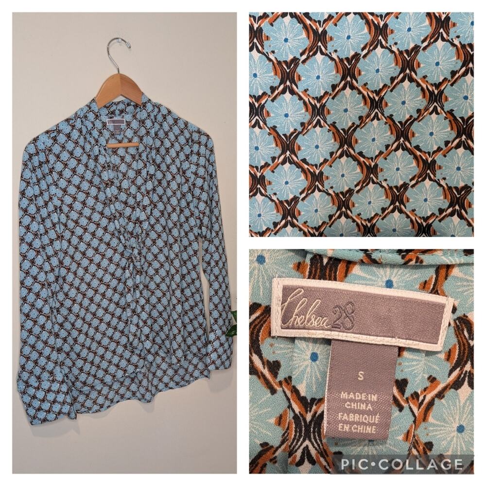 Chelsea 28 Button-Down Blouse – Blue Floral Geometric Print – Size Small